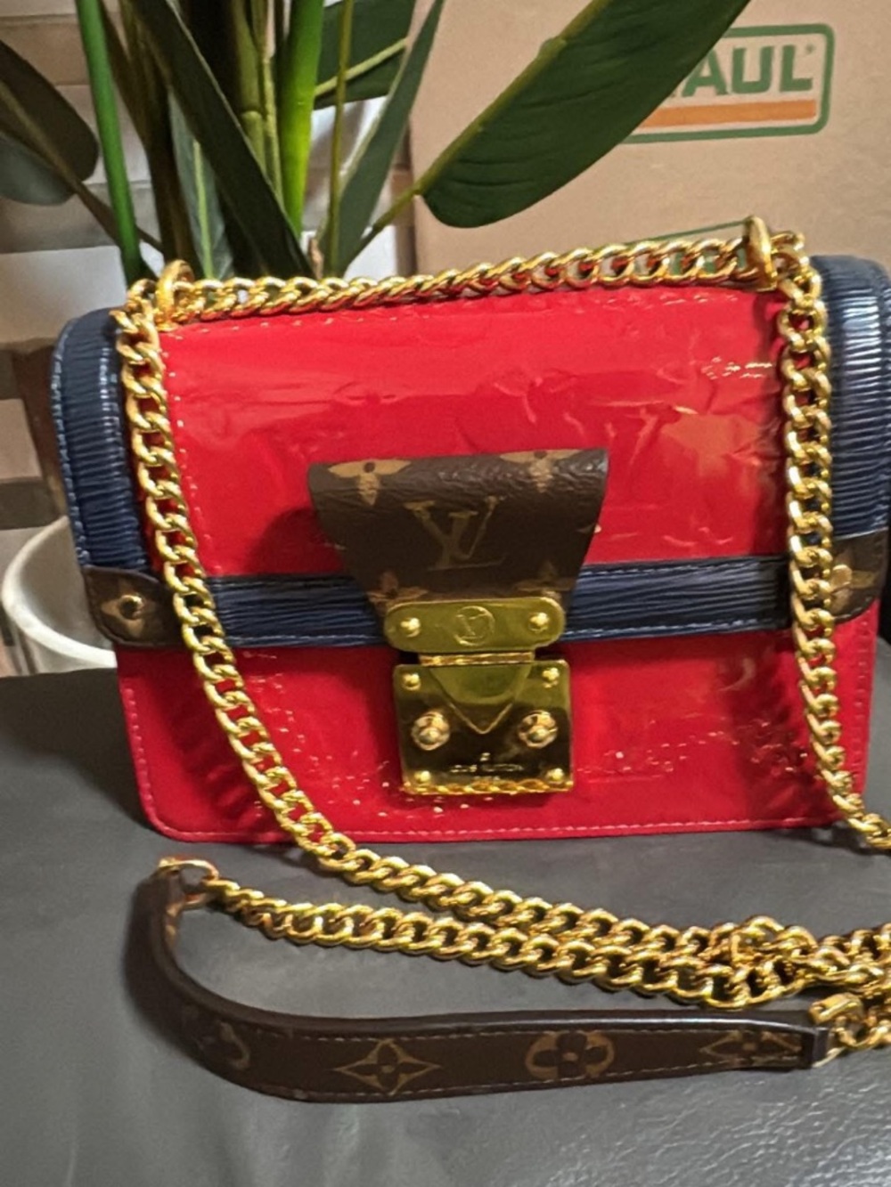 Louis Vuitton Red and Navy Patent Monogram Crossbody with Gold Chain